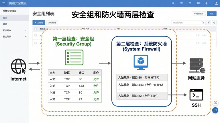 网站上线前云平台安全组和系统防火墙两层安全配置示意图