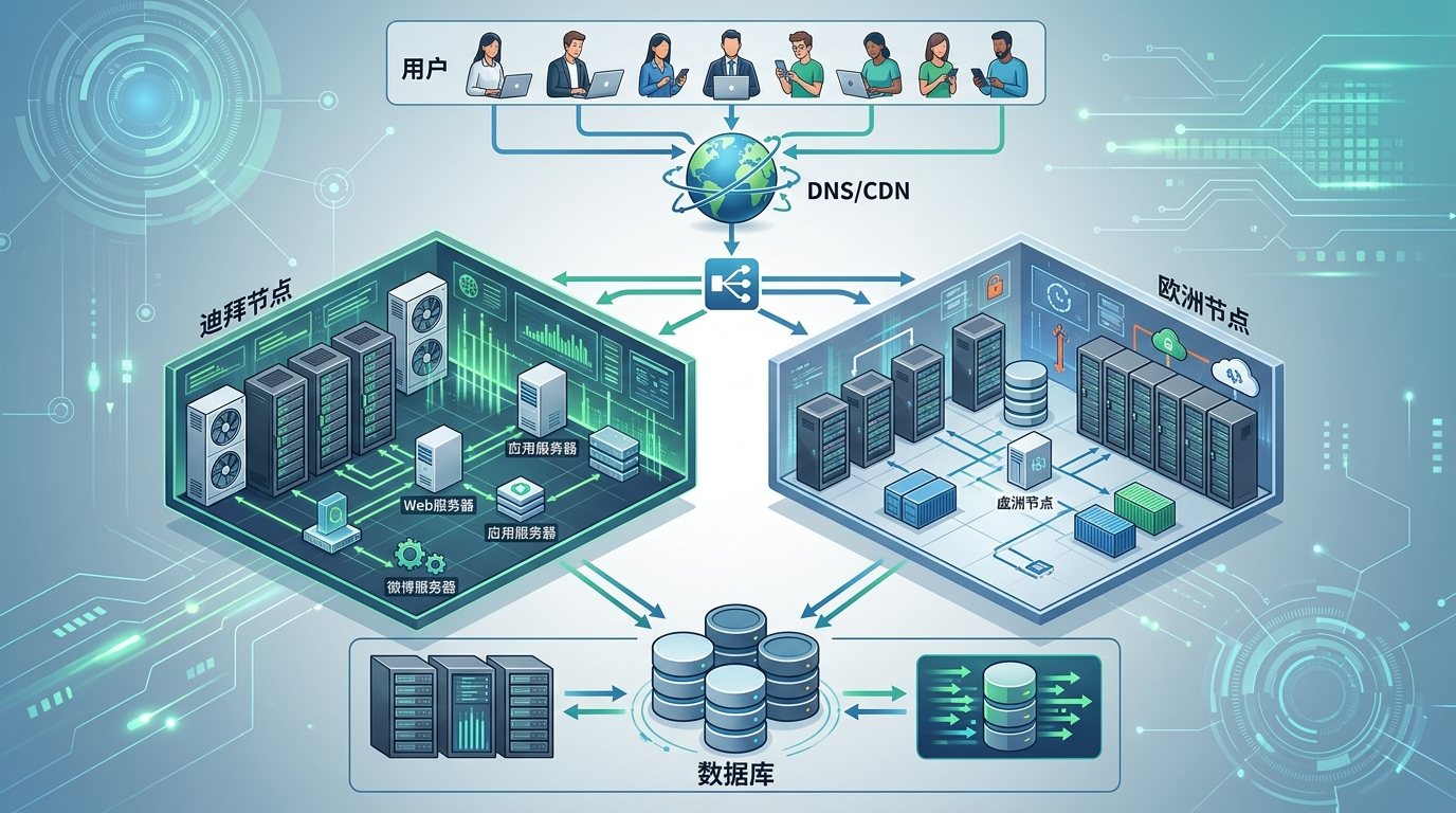 迪拜节点与欧洲节点CDN分流的中东业务架构示意图