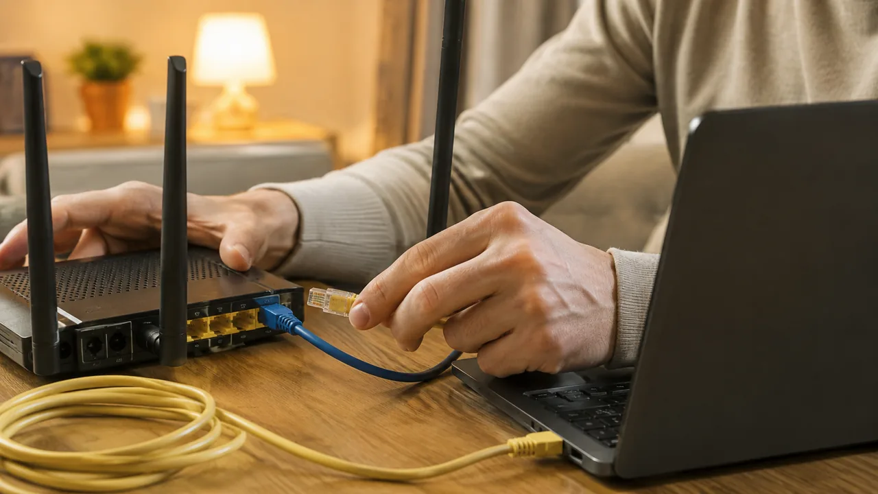 双手在路由器旁检查网线，旁边放着笔记本