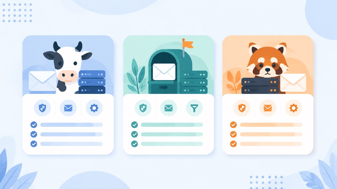 三个自建邮件工具对比示意图:mailcow/Poste.io/iRedMail三个产品图标
