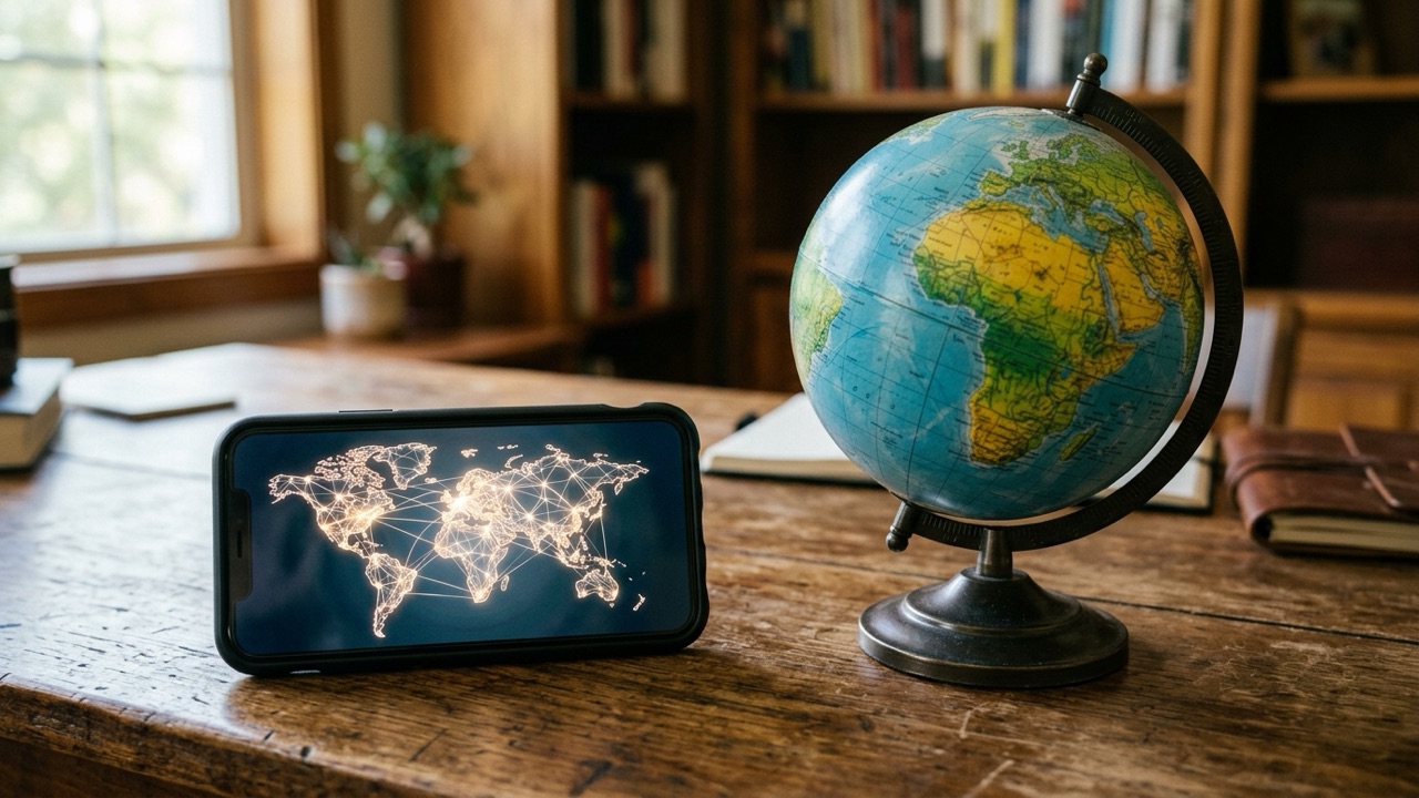 手机与地球仪同框,象征WhatsApp连接海外客户市场