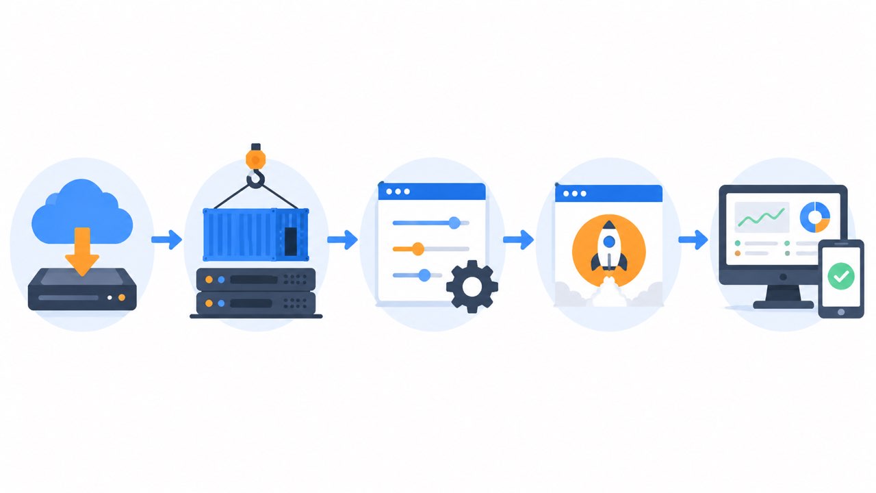 FastGPT部署流程示意图:Docker→配置模型→知识库→应用