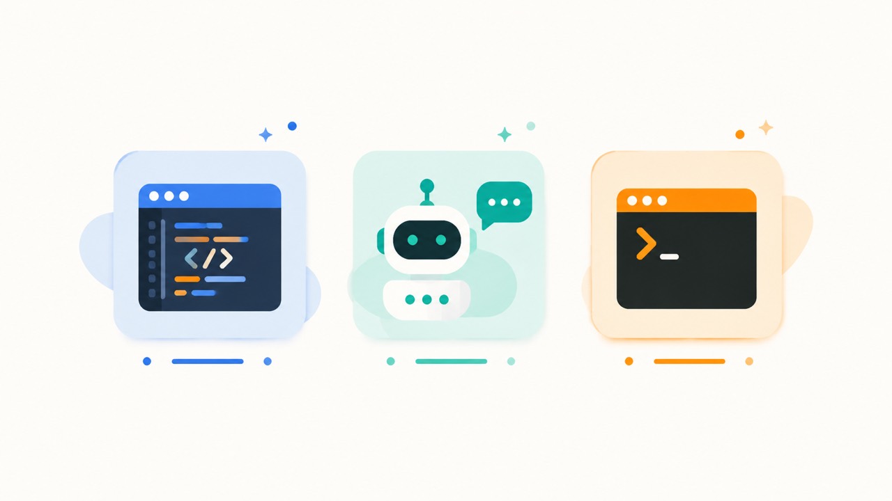 三个AI编程工具定位示意图：三个并列图标代表Cursor、Codex、Claude Code