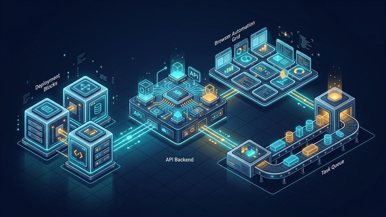 API 后端、浏览器自动化网格和任务队列三种部署形态